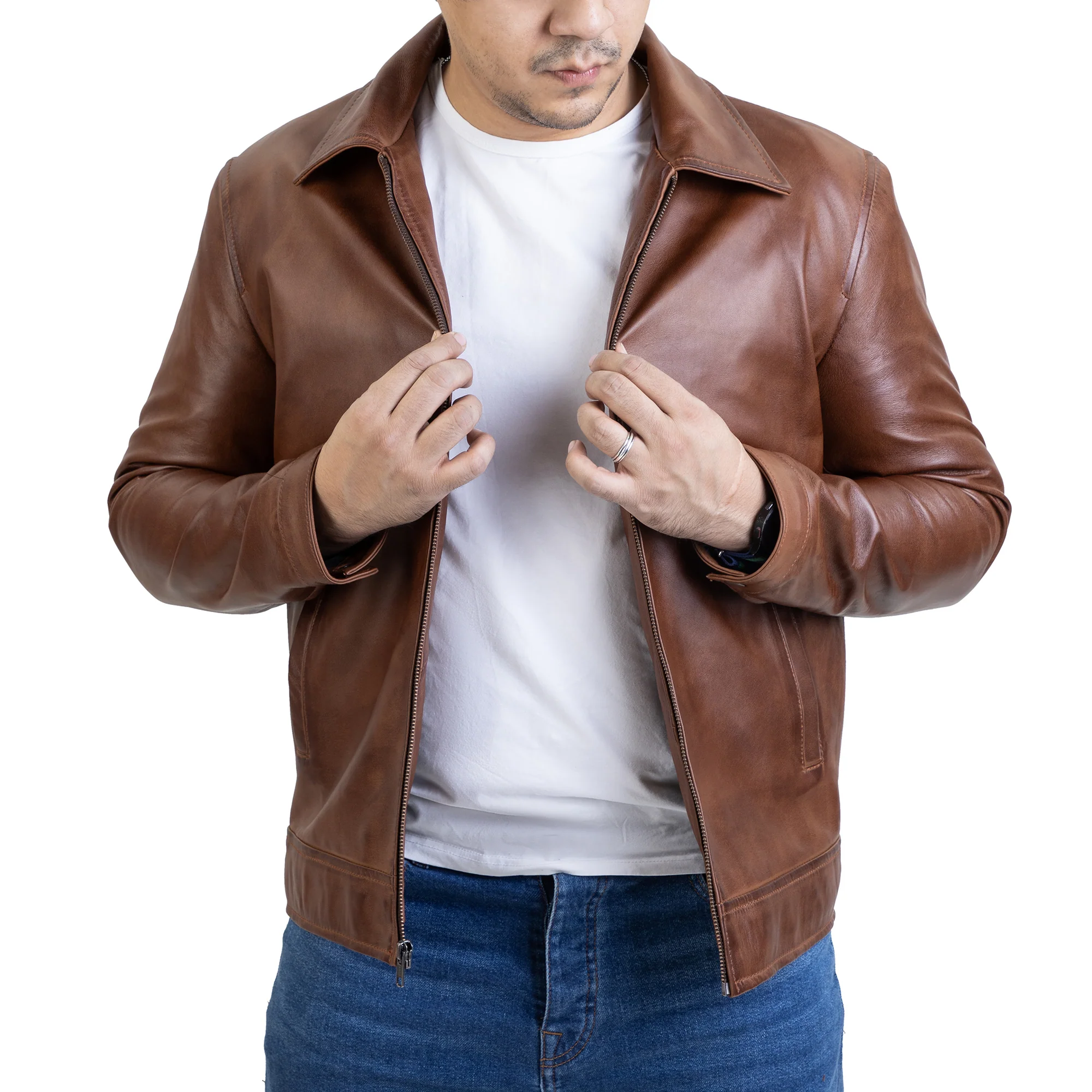 Men's Brown Harrington Collar Shirt Premium Leather Jacket